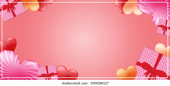Pink and cream background with realistic heart and gift 3D style. Vector background for Happy Valentine's Day, Women's Day, Mother's Day, and birthday greeting card design