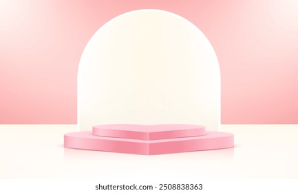 Vetor de fundo rosa e creme 3d com pódio de forma de coração. Apresentação da exposição do produto da maquete das plataformas de Valentine. Plano de fundo 3D Valentine. Espaço para a venda de produtos no site.