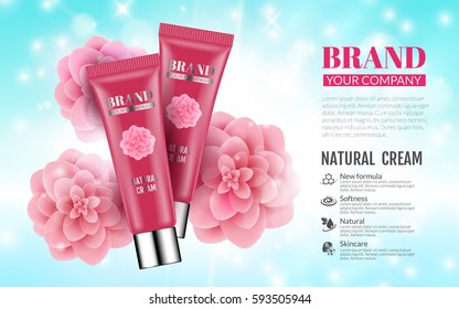 Pink Cream Bottles on Soft Blue Background with Pink Flowers. Excellent Cosmetics Advertising, Gentle Creams. Cosmetic Package Design Sale or Promotion New Product. 3D Vector Illustration.