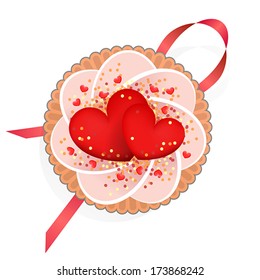 Pink cream cake with two red hearts and red ribbon for a loved one