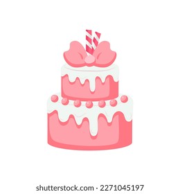 Pink cream cake vector illustration. Cartoon isolated sweet dessert for birthday party and anniversary, wedding celebration, cake with waffle sticks and candy icing decoration from confectionery