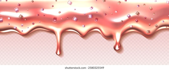 Pink cream drip texture isolated on transparent background. Vector realistic illustration of strawberry jam border with marshmallow decoration, sweet candy melting on dessert, cake or donut decoration