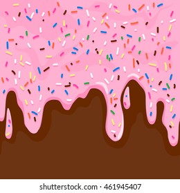 Pink cream frosting background with colorful sprinkles melting on chocolate. Vector illustration