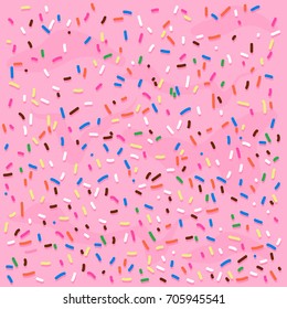 Pink cream frosting with colorful sprinkles. Vector background illustration