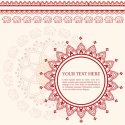 Pink And Cream Indian Henna Mandala Background With Elephant And Lotus Elements And Space For Text