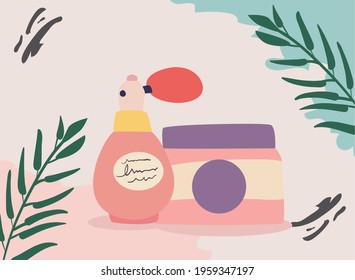 pink cream jar and perfume