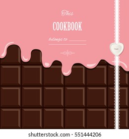 Pink cream melted on chocolate bar background. Cute design with sample text. Vector illustration.