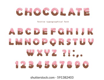 Pink cream melted on chocolate decorative alphabet. Cute ABC letters can be used for birthday card, Valentines day, sweets shop, girls magazine. Isolated on white.