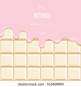 Pink cream melted on white chocolate bar background. Cute design with sample text.