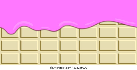 Pink cream melted on white chocolate bar background.