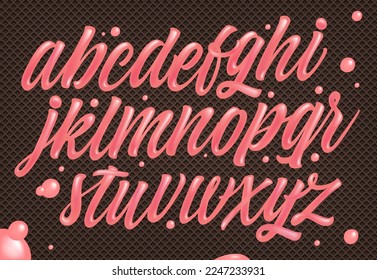 Pink Cream on Chocolate Wafer Background. Sweet Popsicle Alphabet. Ice Cream Font. Decorative Glossy Typography. Vector Illustration. 