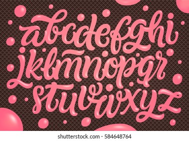 Pink Cream on Chocolate Wafer Background.Popsicle alphabet. Ice cream font. 
