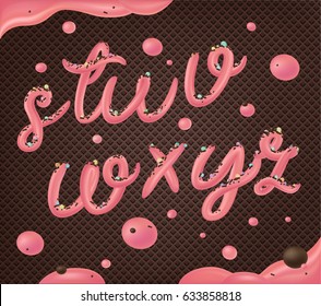 Pink Cream on Chocolate Wafer Background. Ice cream font. Popsicle alphabet. Cold sweets ABC. Food typography. Edible letters. Dessert lettering. Frozen type.