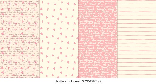 Pink and cream romantic vector seamless patterns set with hearts, lines and hand written unreadable text for Valentine's Day designs and backgrounds