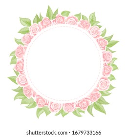 Marco rosa crema rosa en forma de círculo, ilustración vectorial dibujada a mano. Elemento de plantilla en blanco para diseño de postal o marco fotográfico