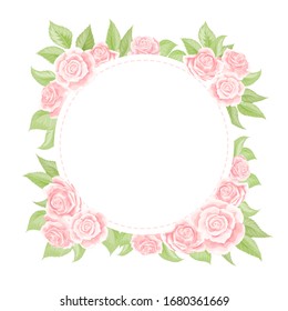Pink cream rose frame in the shape of circle, hand draw vector illustration. Blank template element for postcard design or photo frame