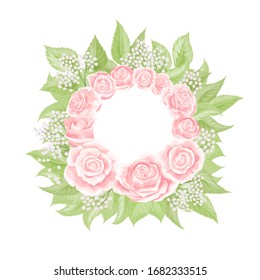 Pink cream rose frame in the shape of circle, hand draw vector illustration. Blank template element for postcard design or photo frame