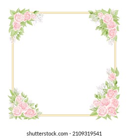 Pink cream rose square frame, hand draw vector illustration greeting postcard. Floral blooming rose plants with green leafs and cream rose buds. Festive card for Springtime holidays celebration