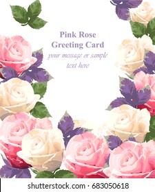Pink and cream roses Card Vector. Beautiful watercolor flowers decor. Springtime Summer fresh natural composition 