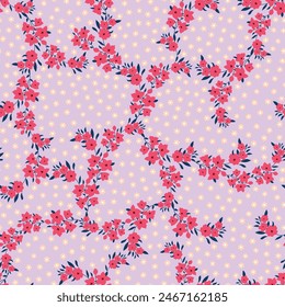 pink and cream seamless floral vector small flowers with blue leaves pattern on background