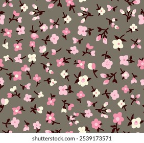 Patrón floral inconsútil rosado y crema de las flores Pequeñas del Vector sobre fondo marrón
