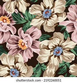 flores vectoriales sin costura rosa y crema con hojas verdes patrón en fondo marrón