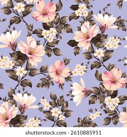 pink and cream seamless vector stock flowers with brown leaves pattern on violet background