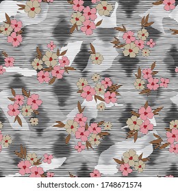pink and cream small flowers pattern on grey texture halftone background