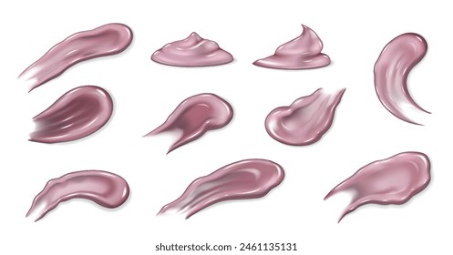 Pink cream smear set. Natural moisturizing cream gel for skin care. Realistic 3D texture cosmetic spot milk or sunscreen texture. Vector illustration smooth drop moisturizer for facial moisturing