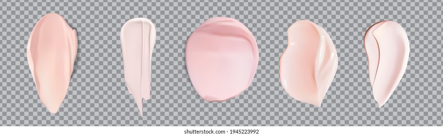 Pink cream smears swatch set isolated on transparent background.Vector realistic smears set of Pink froth cosmetics, shaving gel or creme. Smudges of mousse,vector illustration.