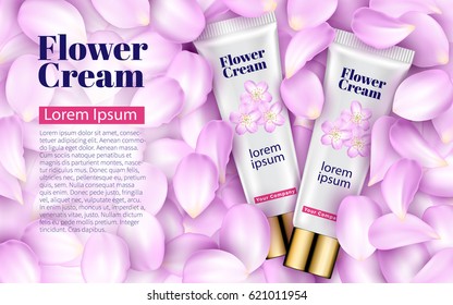 Pink Cream tube on Soft Background with Pink Petals Flowers. Excellent Advertising, Gentle Creams. Cosmetic Package Design Sale or Promotion New Product. 3D Vector Illustration.