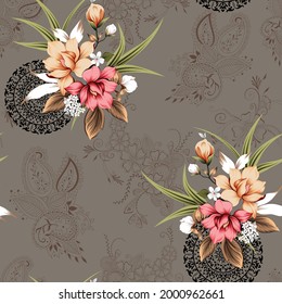 pink and cream vector flowers with green leaf bunches pattern on black seamless circle paisley grey background