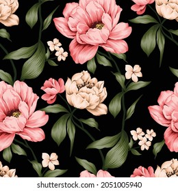 pink and cream vector flowers with green leaves pattern on black background