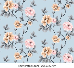 pink and cream vector flowers with grey leaves pattern on blue background