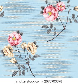 pink and cream vector flowers with grey leaves bunches pattern on texture background