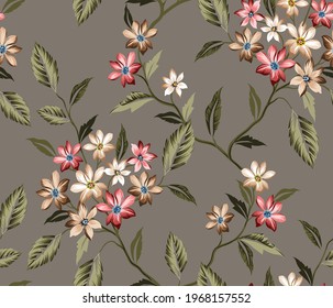 pink and cream vector flowers with leaves pattern on grey background