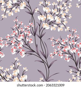 pink and cream vector small flowers with grey leaves pattern on background