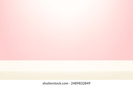 Fondo de pared rosa y crema. Estante mínimo 3D. Habitación en el 3d. Espacio para vender productos en el Sitio web. Fondo rosa Habitación vacía Estudio con mesa. Ilustración vectorial.