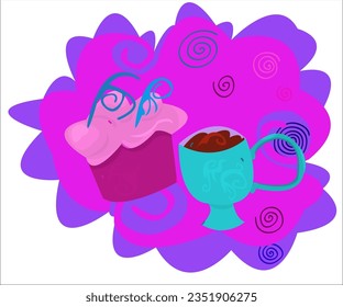 A pink creamy cake and a blue cup with hot coffee on a vintage funky background. This cartoon illustration can be used as a logotype for cafes, cafeterias, bars, fast food eateries. Vector, isolated.