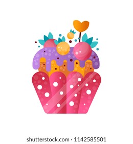 Pink creamy cupcake, sweet pastry decorated with berries, dessert for birthday party vector Illustration on a white background