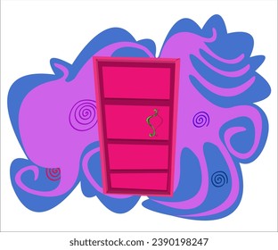 A pink creative door with a green doorhandle; vintage, romantic background. This cartoon illustration can be used as a logotype for door making companies and door shops. Vector, isolated.