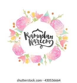 Pink creative roses decorated greeting card for Holy Month of Muslim Community, Ramadan Kareem Celebration.