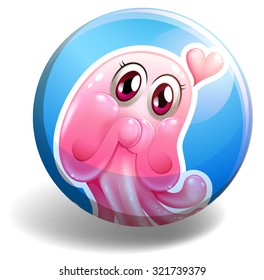 Pink creature on round badge illustration