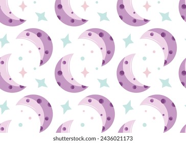 Pink crescents with stars drawn in a cartoon style. Seamless vector pattern for backgrounds and prints.