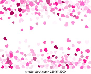 Pink crimson hearts confetti frame border invitation card vector background. Vintage falling hearts scatter illustration. Love concert holiday banner graphic design.