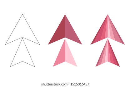 Pink and crimson polygonal, flat and contour arrows set isolated on a white background