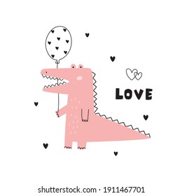 A pink crocodile holding a white balloon with a heart pattern Cartoon background for valentines day Vector illustration