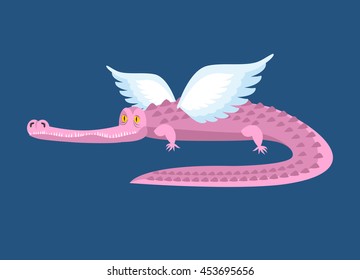 Pink crocodile with wings. Fantastic animal. Good Fairy alligator. Flying border.
