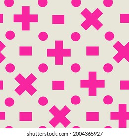 Pink cross circle shape seamless vector pattern memphis style design