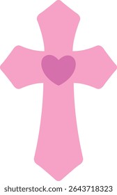 Pink Cross with Heart Flat Style Illustration.
Cute Religious Symbol Vector Isolated.
Transparent background. 